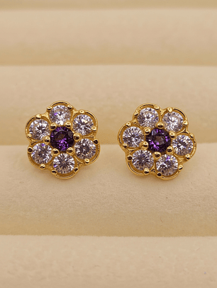 Aros roseta amatista y circones 11 mm 2.4 grs Oro 18k