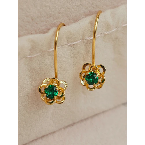 Aros doble flor con gancho y esmeralda 1.9 cm 1.4 grs Oro 18k