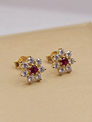 Aros roseta rubi y circones 9 mm 2.3 grs Oro 18k