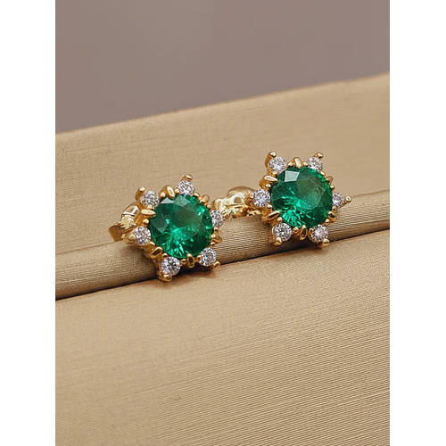 Aros roseta esmeralda y circones 9 mm 1.7 grs Oro 18k