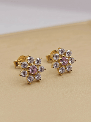 Aros roseta rosa de francia y circones 9 mm 2.3 grs Oro 18k
