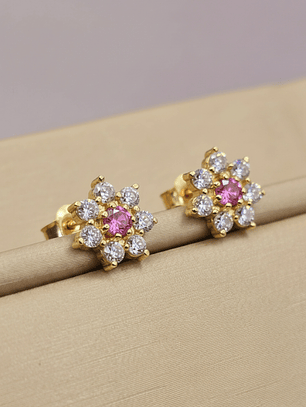 Aros roseta rosa de francia y circones 9 mm 2.3 grs Oro 18k