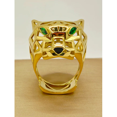 Anillo jaguar esmeraldas y onix 28 grs Oro 18k