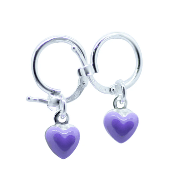 Aros argollas diseño corazón esmaltado color morado