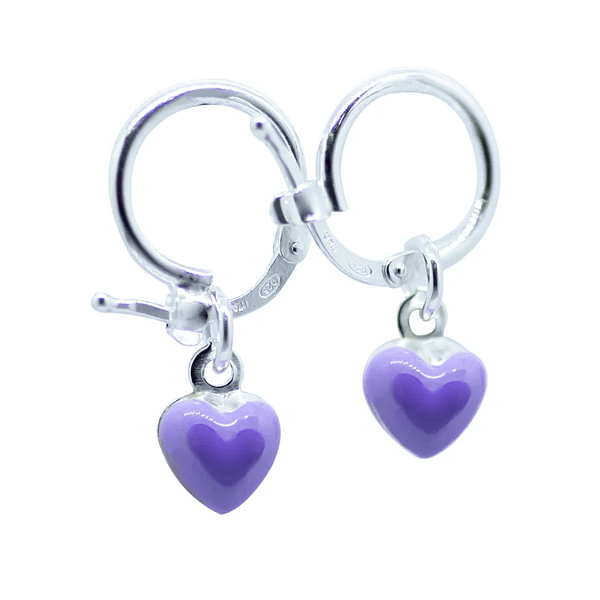 Aros argollas diseño corazón esmaltado color morado