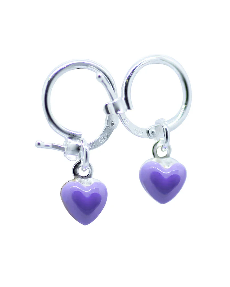 Aros argollas diseño corazón esmaltado color morado
