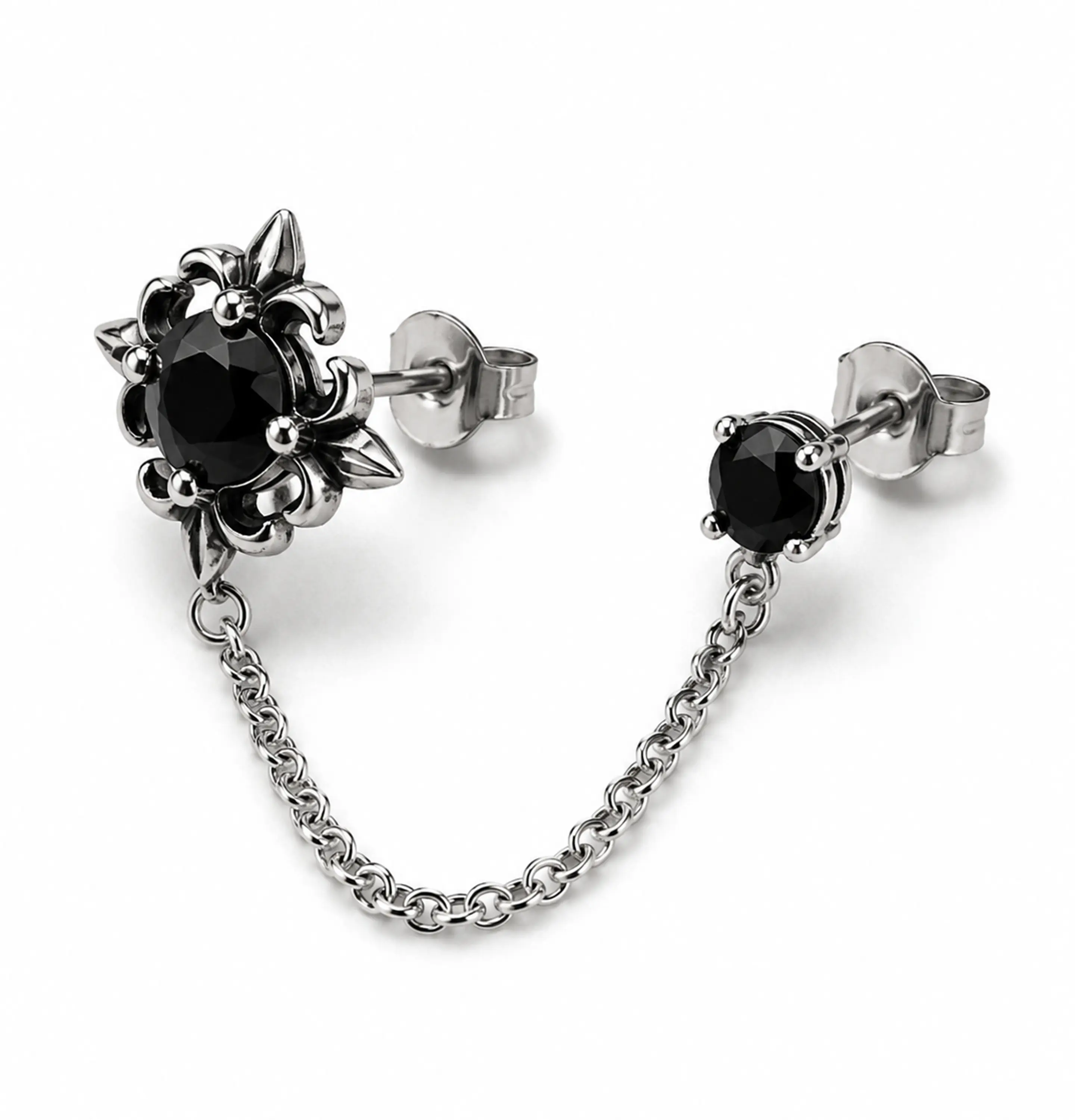 Arete Doble con Cadena y Cristales Negros 2