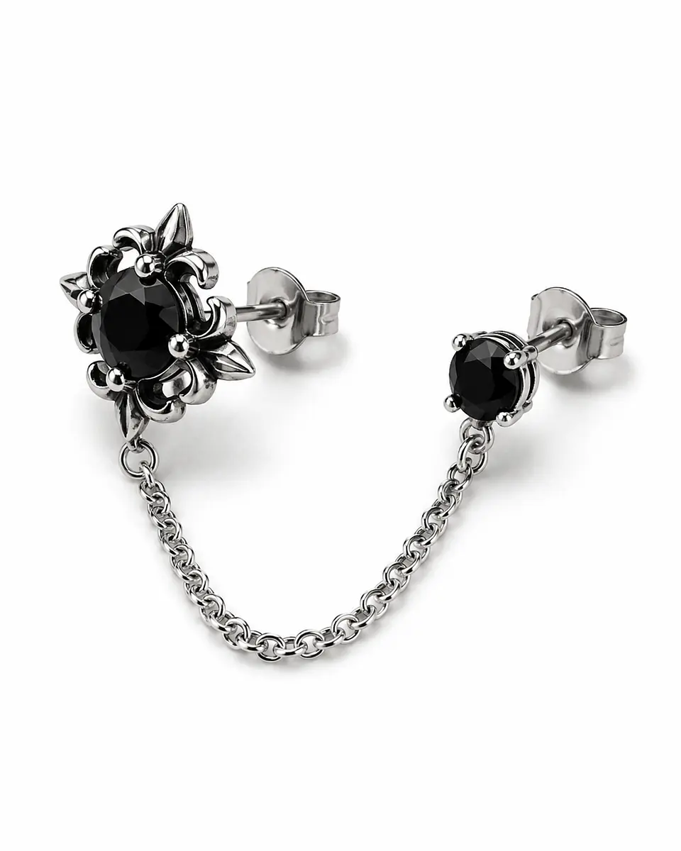 Arete Doble con Cadena y Cristales Negros 2