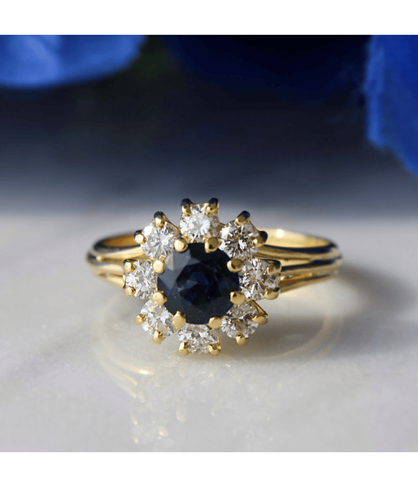 Exclusivo Anillo Roseta Diamantes Zafiro Azul Oro Amarillo 18Kl