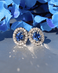 Aros Ovalados Zafiro Azul Ceylán y Diamantes en Oro Blanco 18kl  