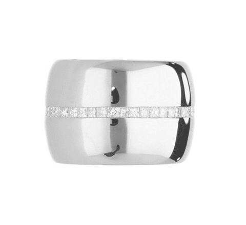 Maravilloso Anillo Cintillo Ancho Moderno Diamantes Princess en Oro Blanco 18K