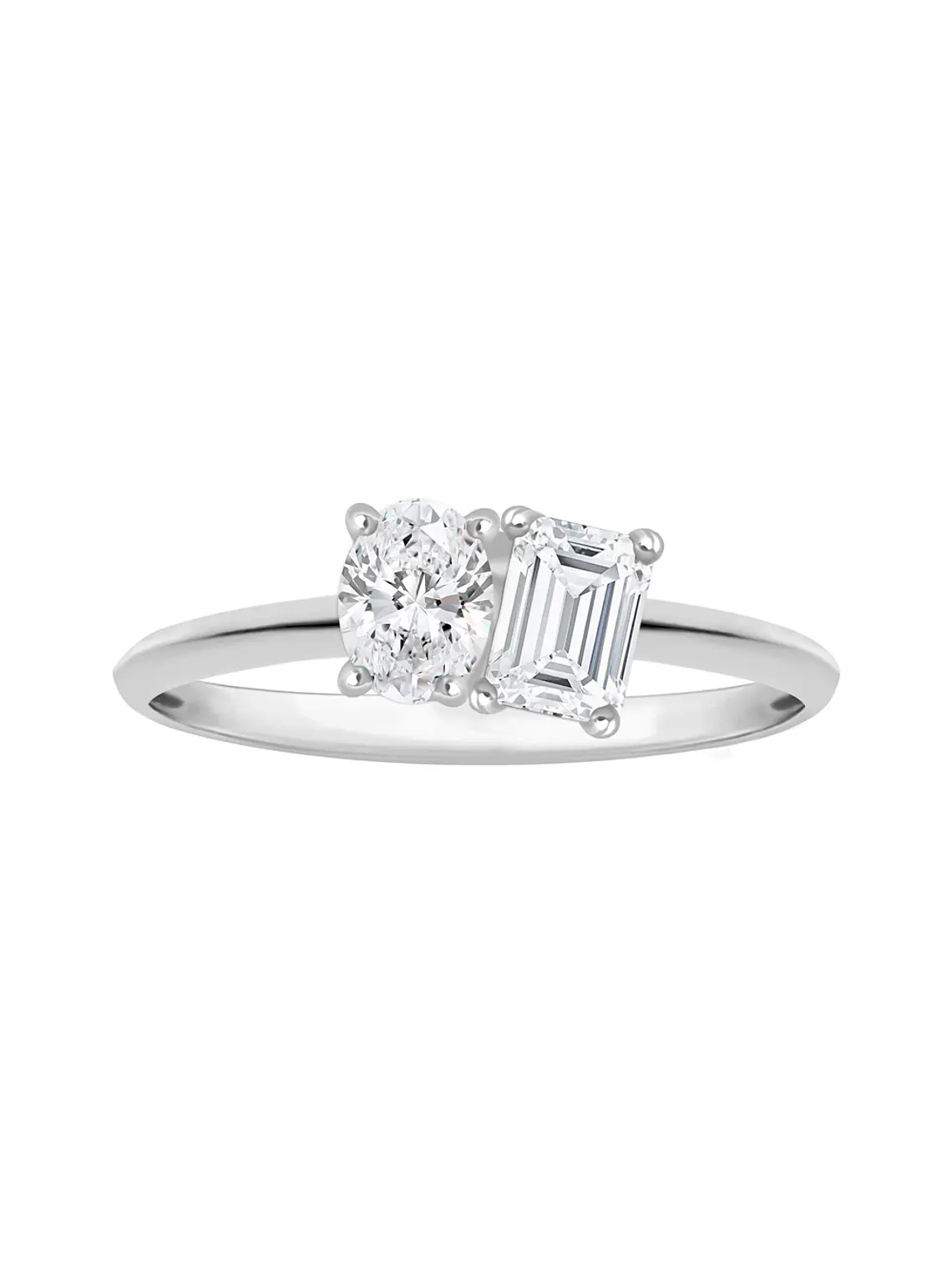 Anillo Solitario Tú y Yo Diamantes Oval y Esmeralda en Oro Blanco 18K 1