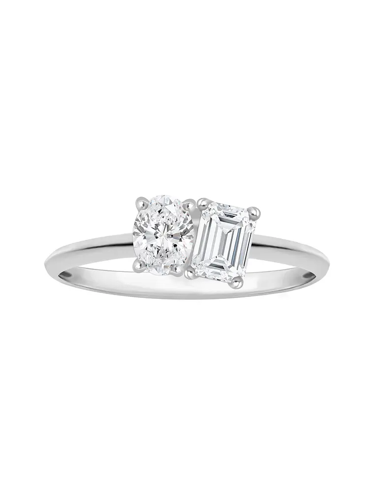 Anillo Solitario Tú y Yo Diamantes Oval y Esmeralda en Oro Blanco 18K 1
