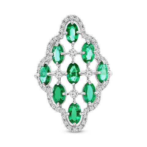 Gran Anillo Tipo Lanzadera Esmeraldas Ovalada y Brillantes en Platino