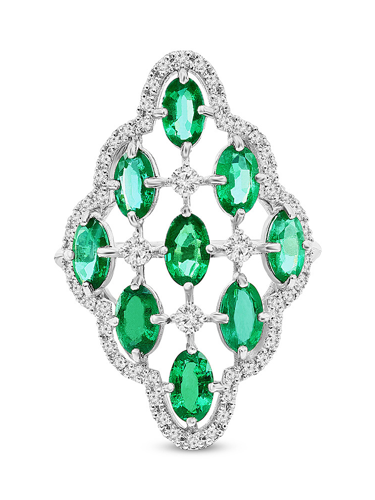 Gran Anillo Tipo Lanzadera Esmeraldas Ovalada y Brillantes en Platino 1