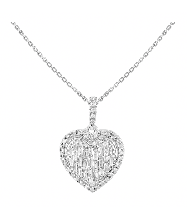 Collar Corazón Grande Diamantes Baguette en Oro Blanco 18K