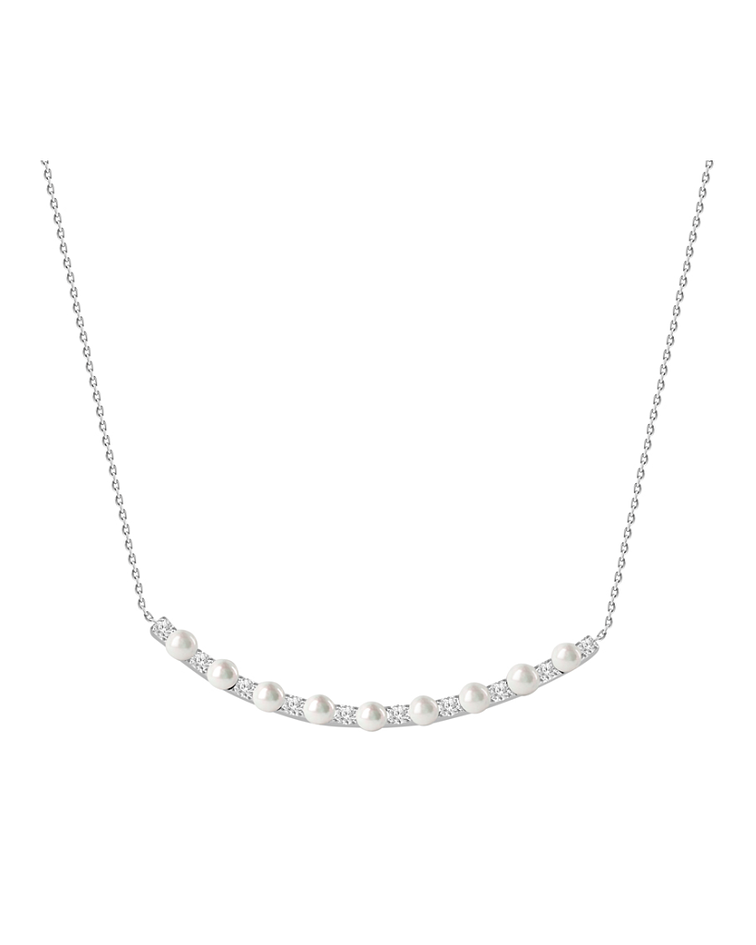 Collar Barrita Grande Diamantes y Perlas en Oro Blanco 18K