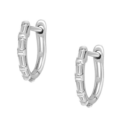 Aros Mini Argollas Diamantes Baguette Oro Blanco 18K