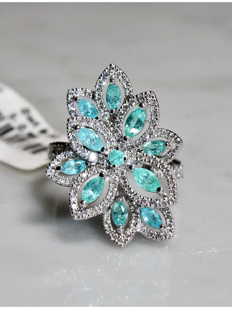 Espectacular Anillo 11 Turmalinas Paraíba Neón con Halo de Diamantes en Platino 3