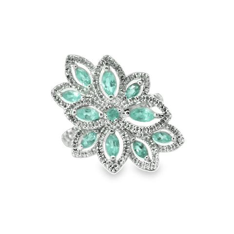 Espectacular Anillo 11 Turmalinas Paraíba Neón con Halo de Diamantes en Platino