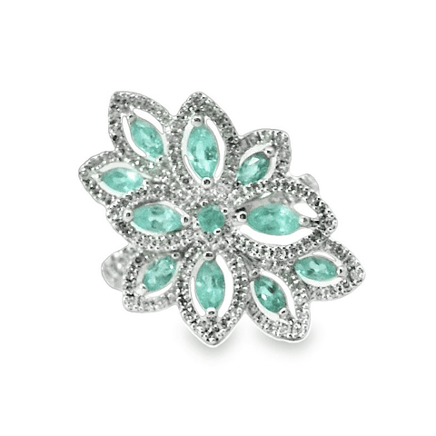 Espectacular Anillo 11 Turmalinas Paraíba Neón con Halo de Diamantes en Platino