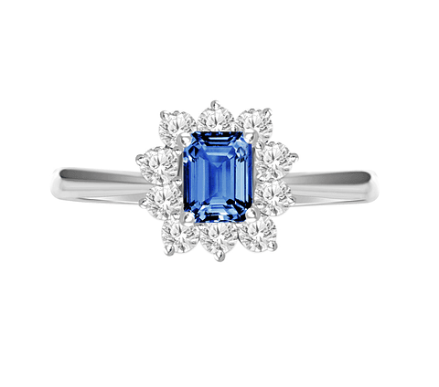 Elegante Anillo Zafiro Azul con Halo de Diamantes Oro Blanco 18K