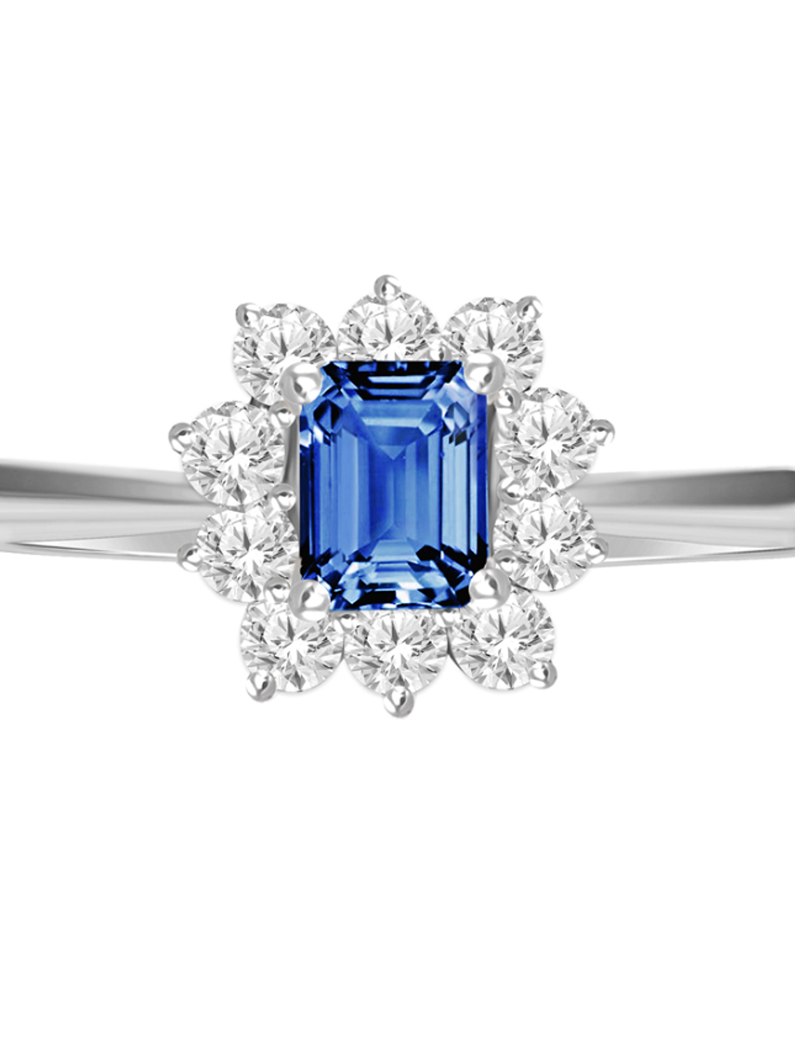 Elegante Anillo Zafiro Azul con Halo de Diamantes Oro Blanco 18K 1