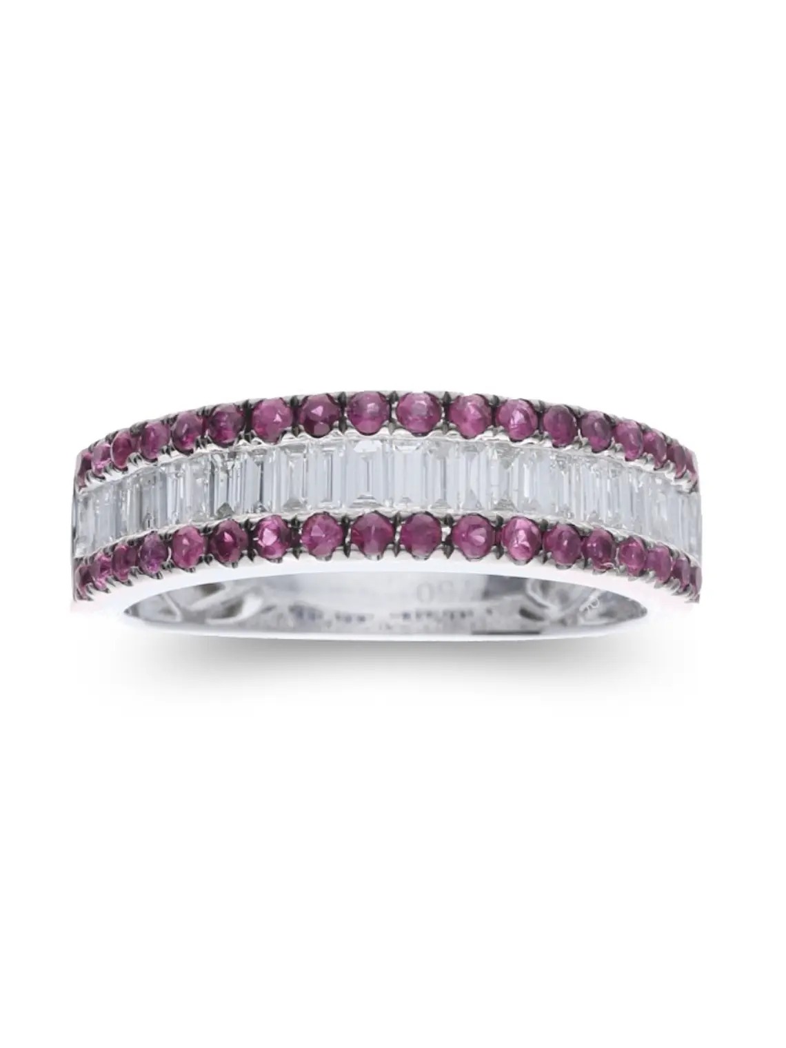 Anillo Cintillo Diamantes Baguette y Rubíes en Oro Blanco 18k 1