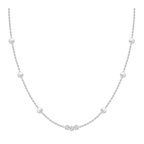 Collar Perlas Cultivadas y 3 Diamantes Oro Blanco 18K