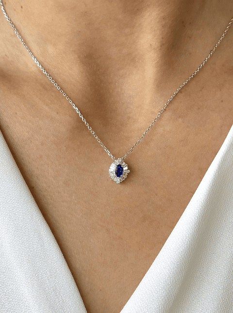 Collar Zafiro y Diamantes Baguette en Oro Blanco 18K