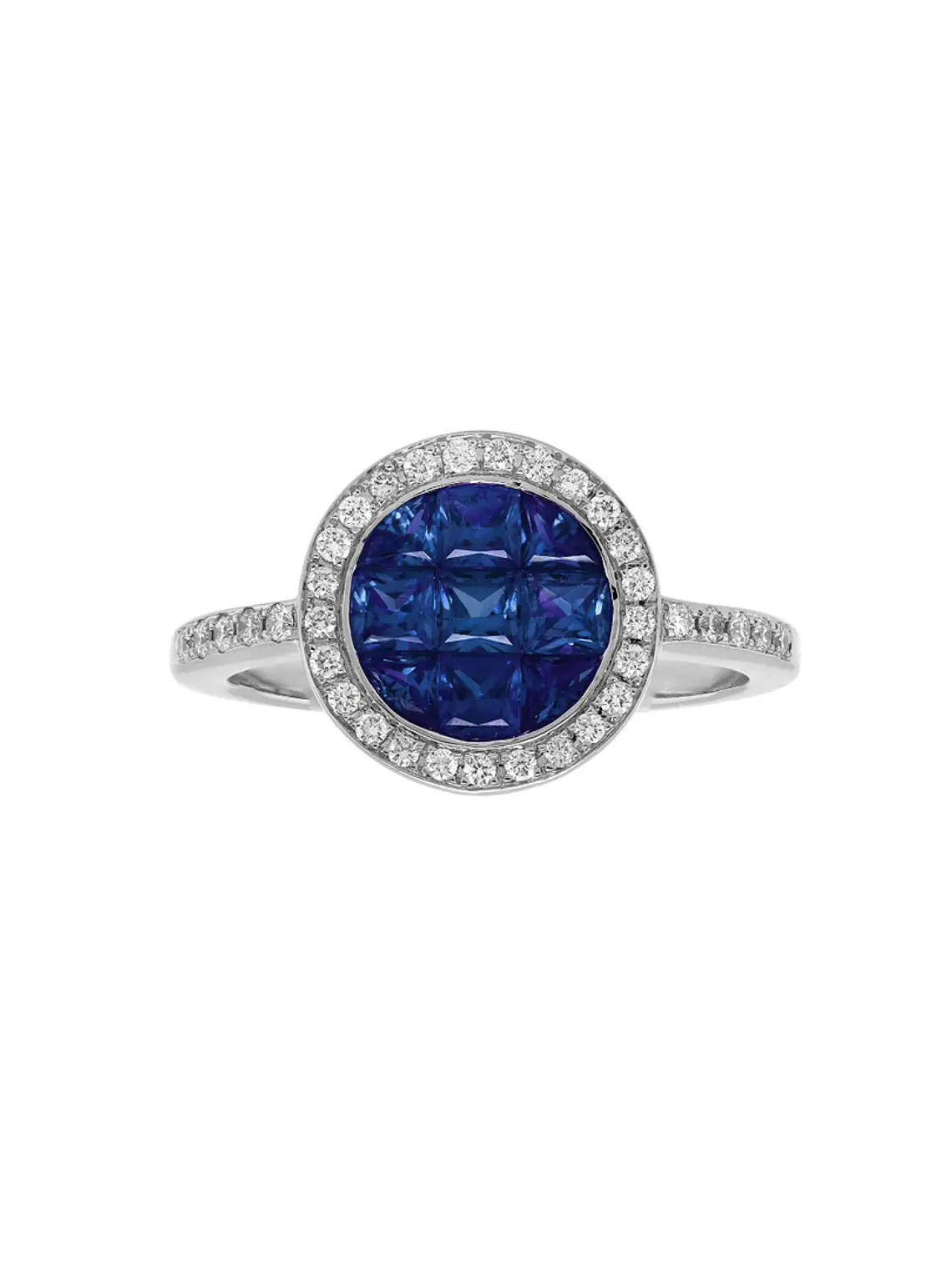 Moderno Anillo Zafiros Azules Halo de Diamantes Oro Blanco 18K 1