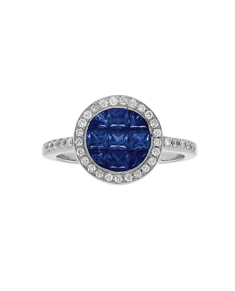 Moderno Anillo Zafiros Azules Halo de Diamantes Oro Blanco 18K