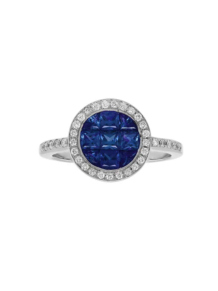 Moderno Anillo Zafiros Azules Halo de Diamantes Oro Blanco 18K 1