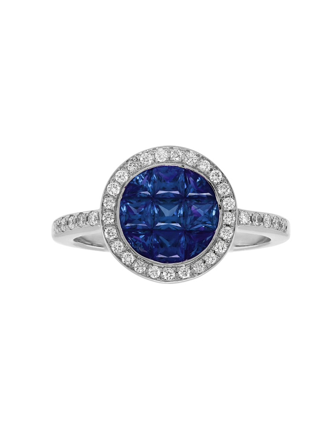 Moderno Anillo Zafiros Azules Halo de Diamantes Oro Blanco 18K 1