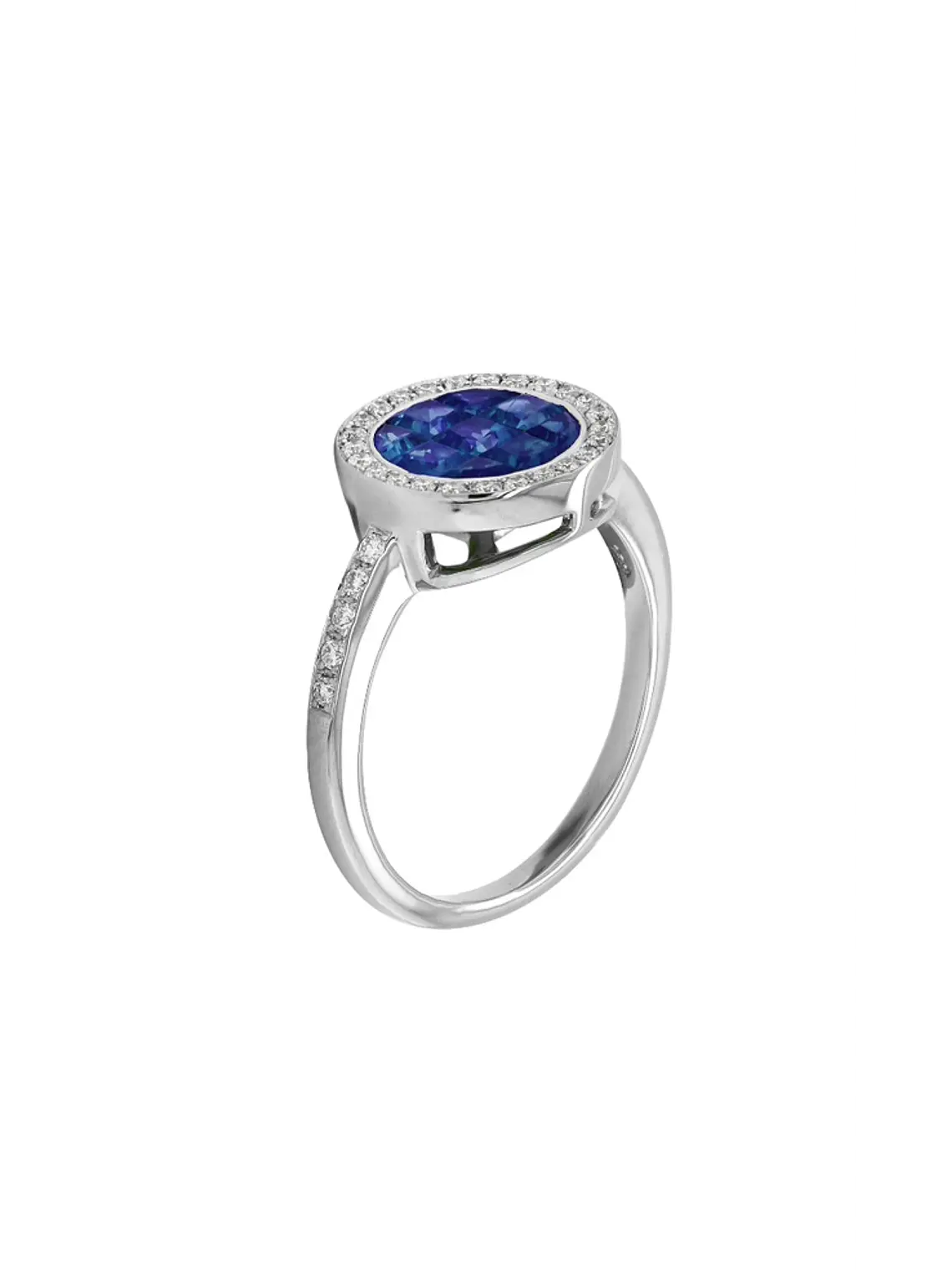 Moderno Anillo Zafiros Azules Halo de Diamantes Oro Blanco 18K 2
