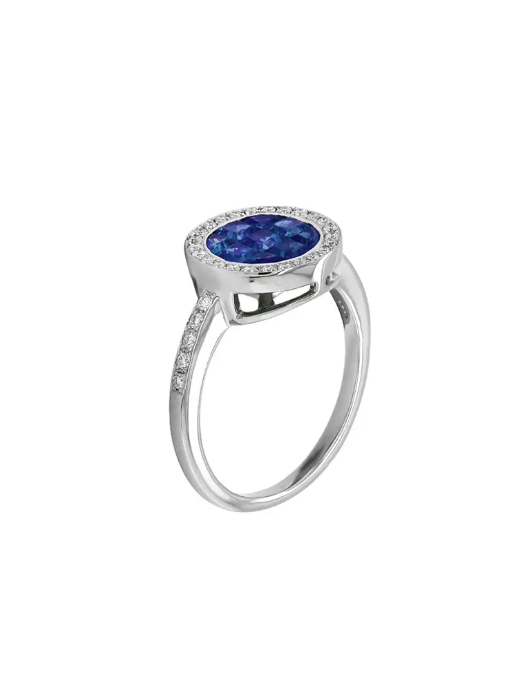 Moderno Anillo Zafiros Azules Halo de Diamantes Oro Blanco 18K 2