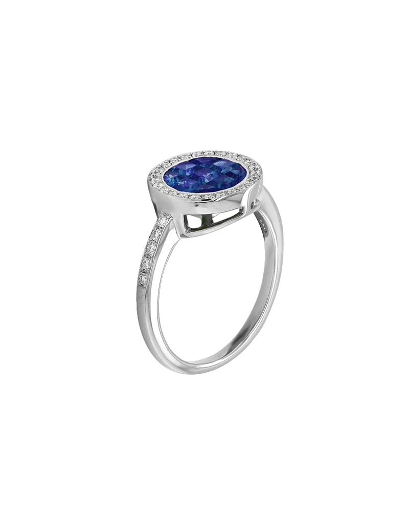 Moderno Anillo Zafiros Azules Halo de Diamantes Oro Blanco 18K