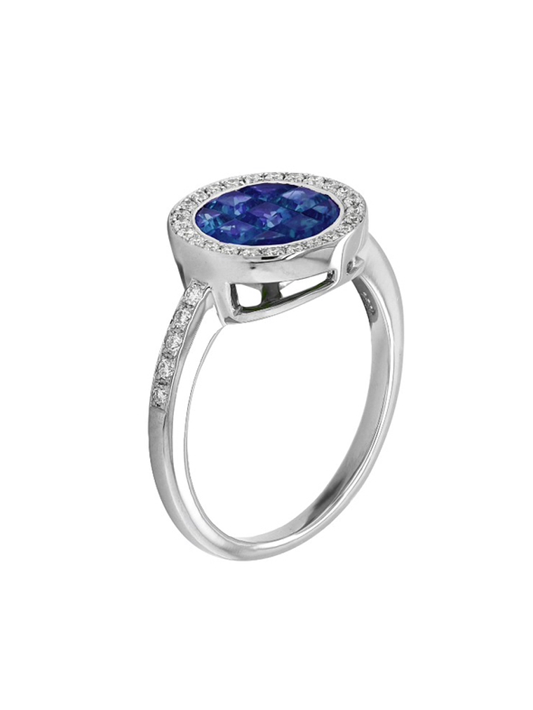 Moderno Anillo Zafiros Azules Halo de Diamantes Oro Blanco 18K 2