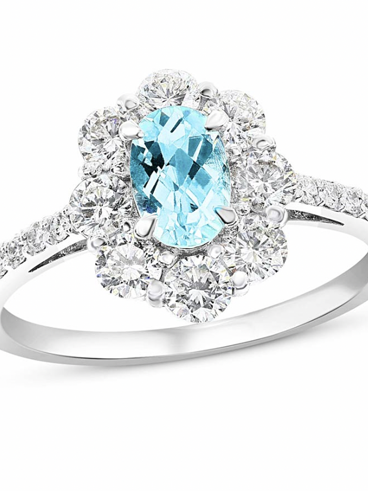 Precioso Anillo Turmalina Paraíba Natural Halo de Diamantes en Oro Blanco 18K 1