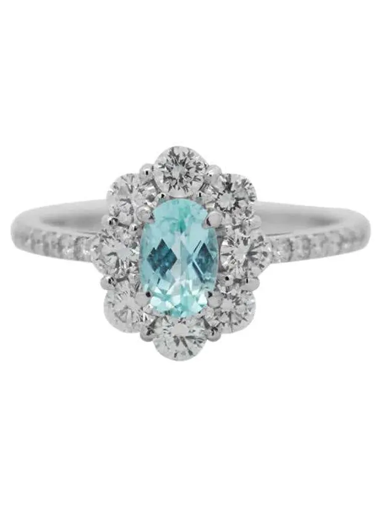 Precioso Anillo Turmalina Paraíba Natural Halo de Diamantes en Oro Blanco 18K 3