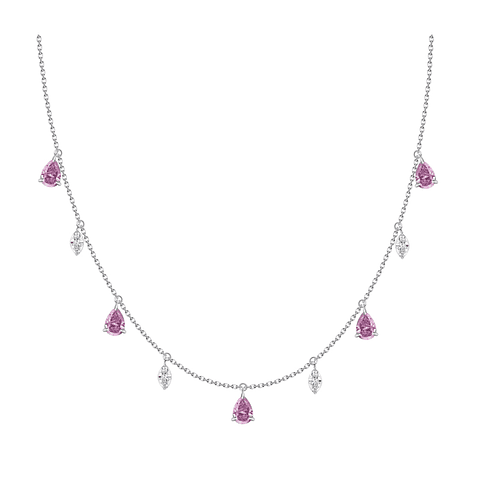 Collar Zafiro Rosado y Diamantes Colgantes Oro Blanco 18K