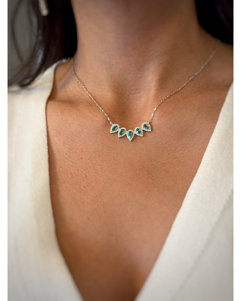 Collar 5 Esmeraldas y Diamantes en Oro Blanco 18K