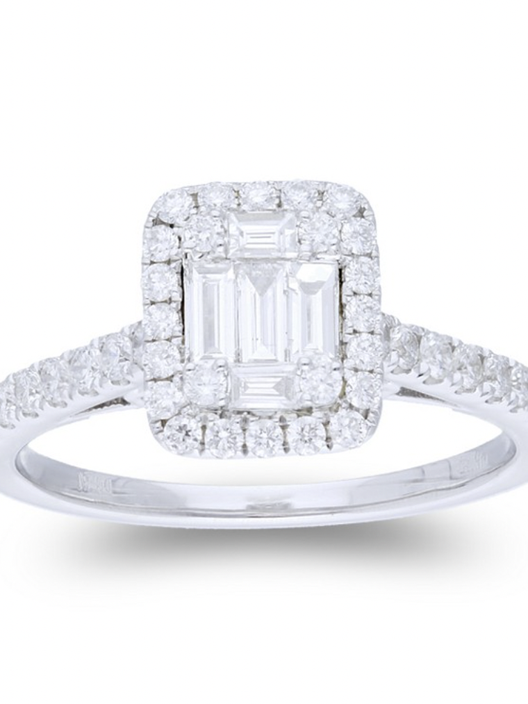 Exclusivo Anillo Solitario Diamantes Baguette Oro Blanco 18K 1