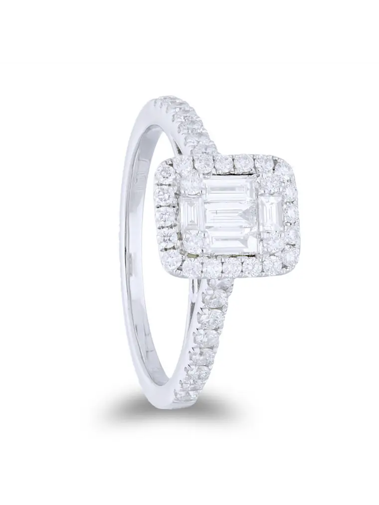 Exclusivo Anillo Solitario Diamantes Baguette Oro Blanco 18K 3