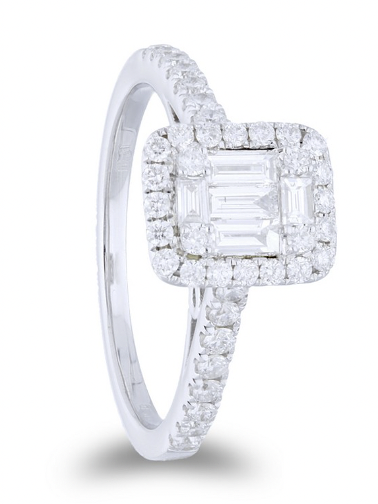 Exclusivo Anillo Solitario Diamantes Baguette Oro Blanco 18K 3