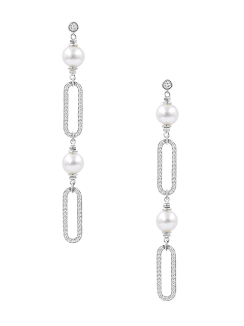 Aros Largos Perlas y Diamantes en Oro Blanco 18K