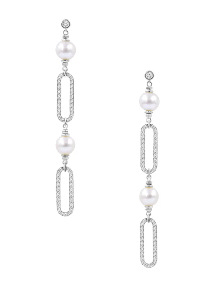 Aros Largos Perlas y Diamantes en Oro Blanco 18K 1