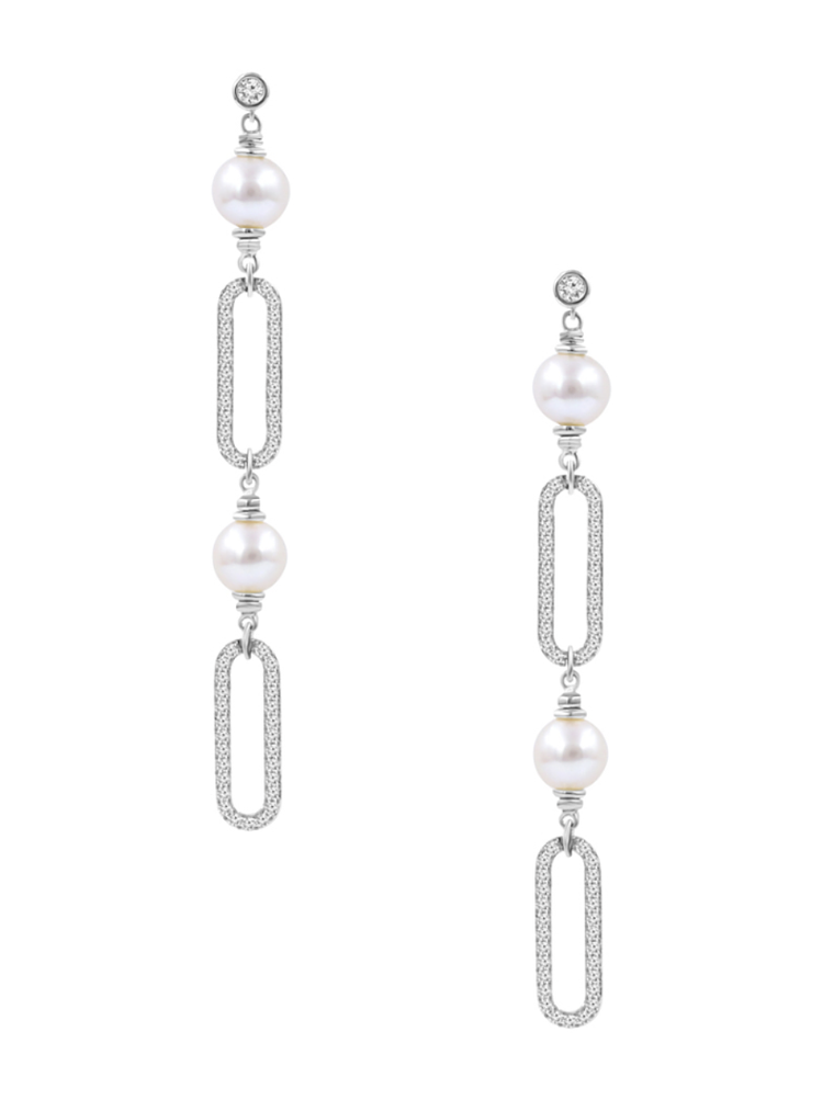 Aros Largos Perlas y Diamantes en Oro Blanco 18K 1