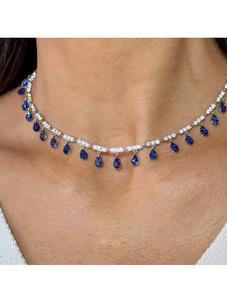 Collar de Diamantes Zafiros Azules Colgantes Oro Blanco 18K 3