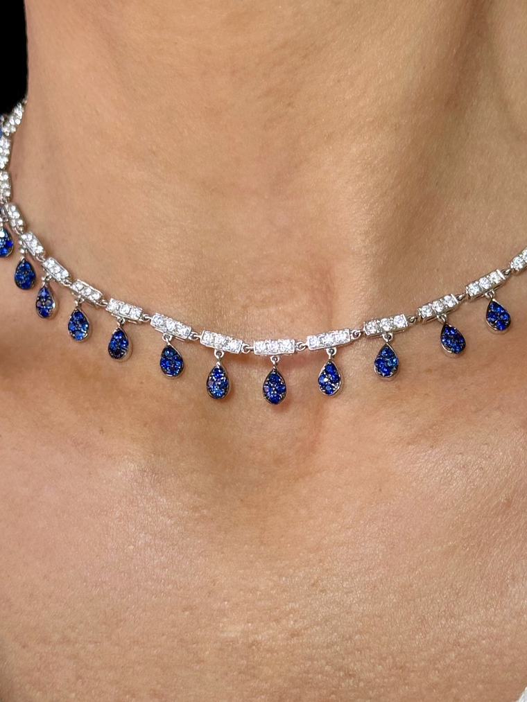Collar de Diamantes Zafiros Azules Colgantes Oro Blanco 18K 3